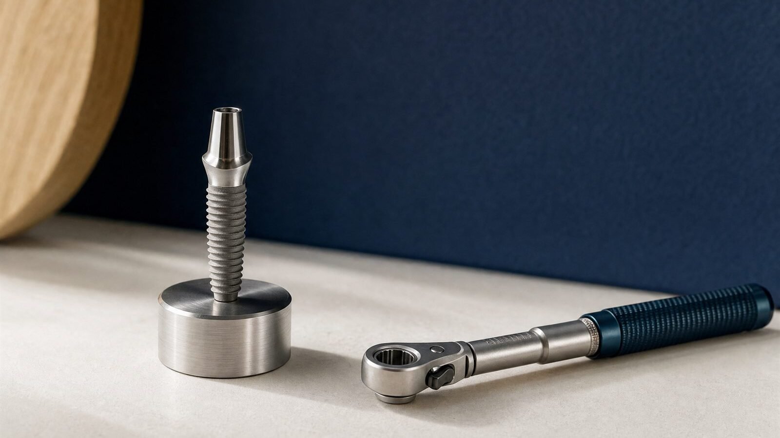 Adana'daki diş hekimi muayenehanesinde implant planlamasında kullanılan titanyum implant ve tork anahtarı